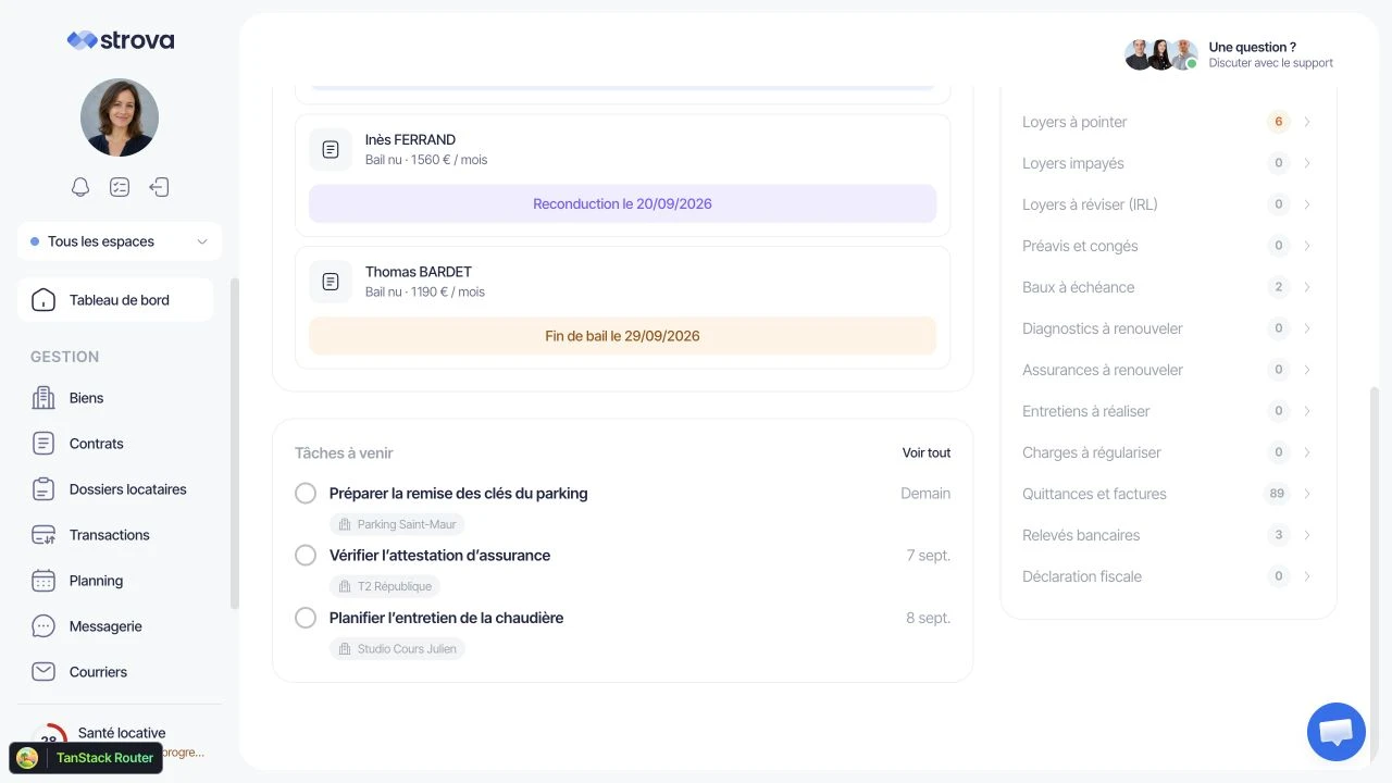 Tâches à venir dans le compte de démonstration : remise des clés, assurance et entretien de chaudière